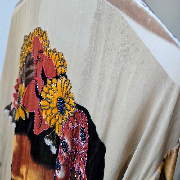 Frida Kahlo Vintage Silk Velvet Beaded Long Duster Kimono Cinco de Mayo One Size - Picture 16 of 16